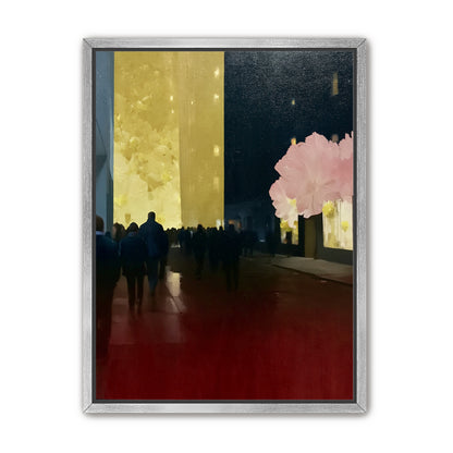 Crowd beneath the glowing wall