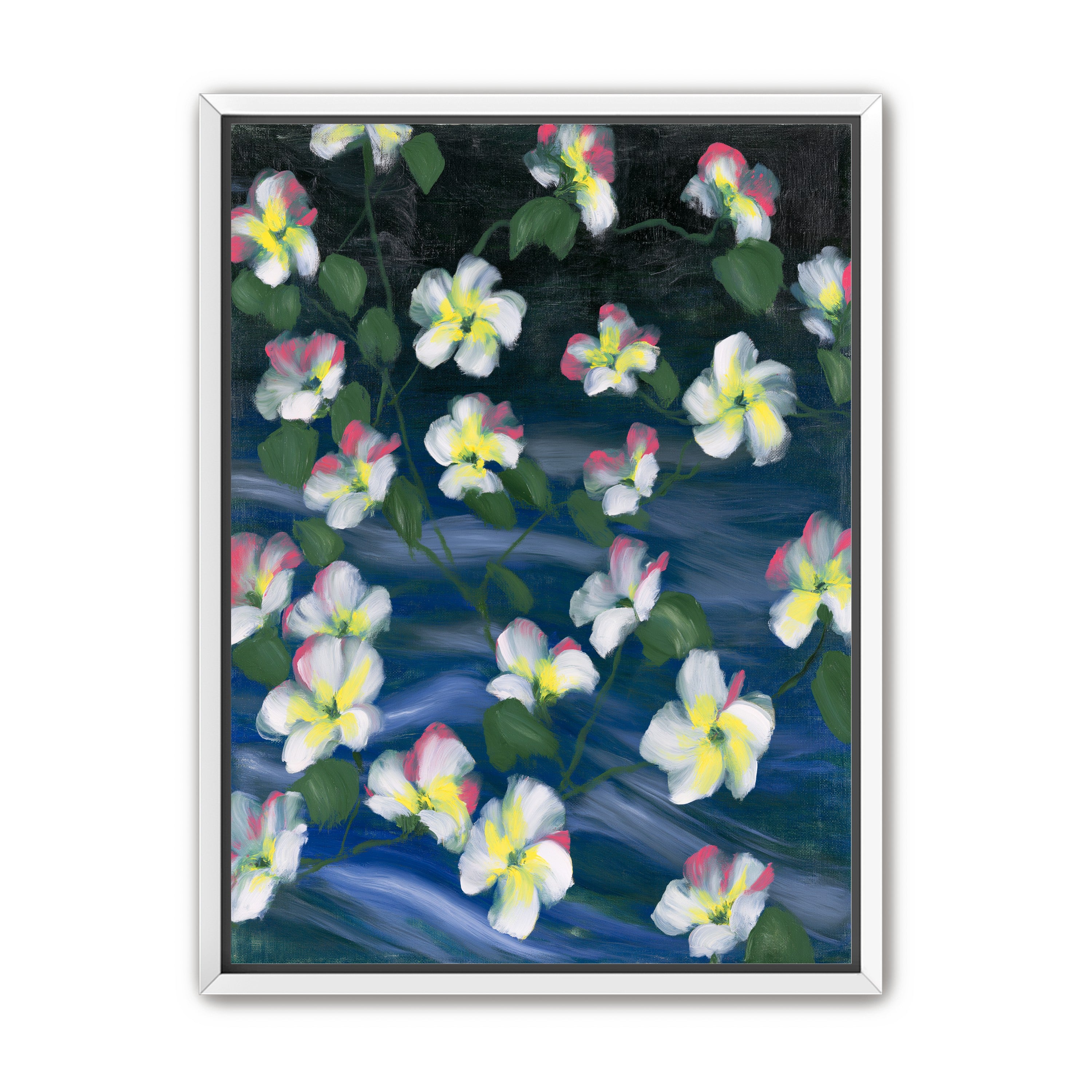 White flowers across deep blue