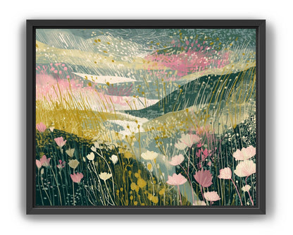 Wildflowers across layered hills