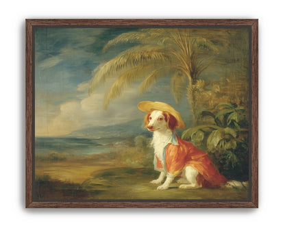 A hatted dog by the sea
