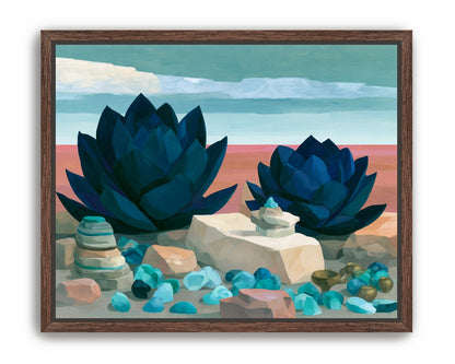 Deep blue blooms on coral ground
