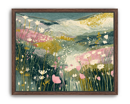 Teal sky over pink meadow