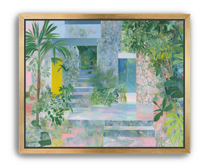 Pastel stairs between yellow and blue doors