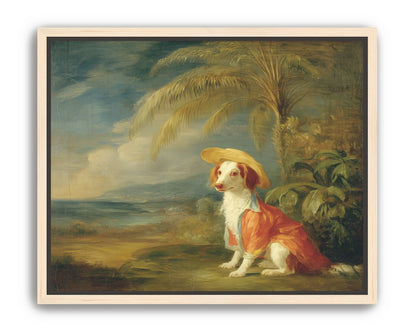 A hatted dog by the sea