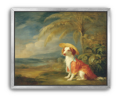 A hatted dog by the sea