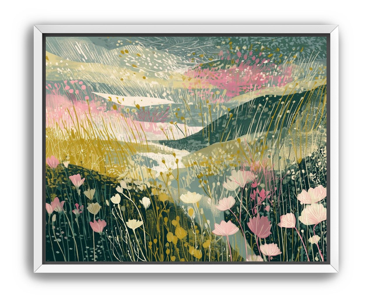Wildflowers across layered hills