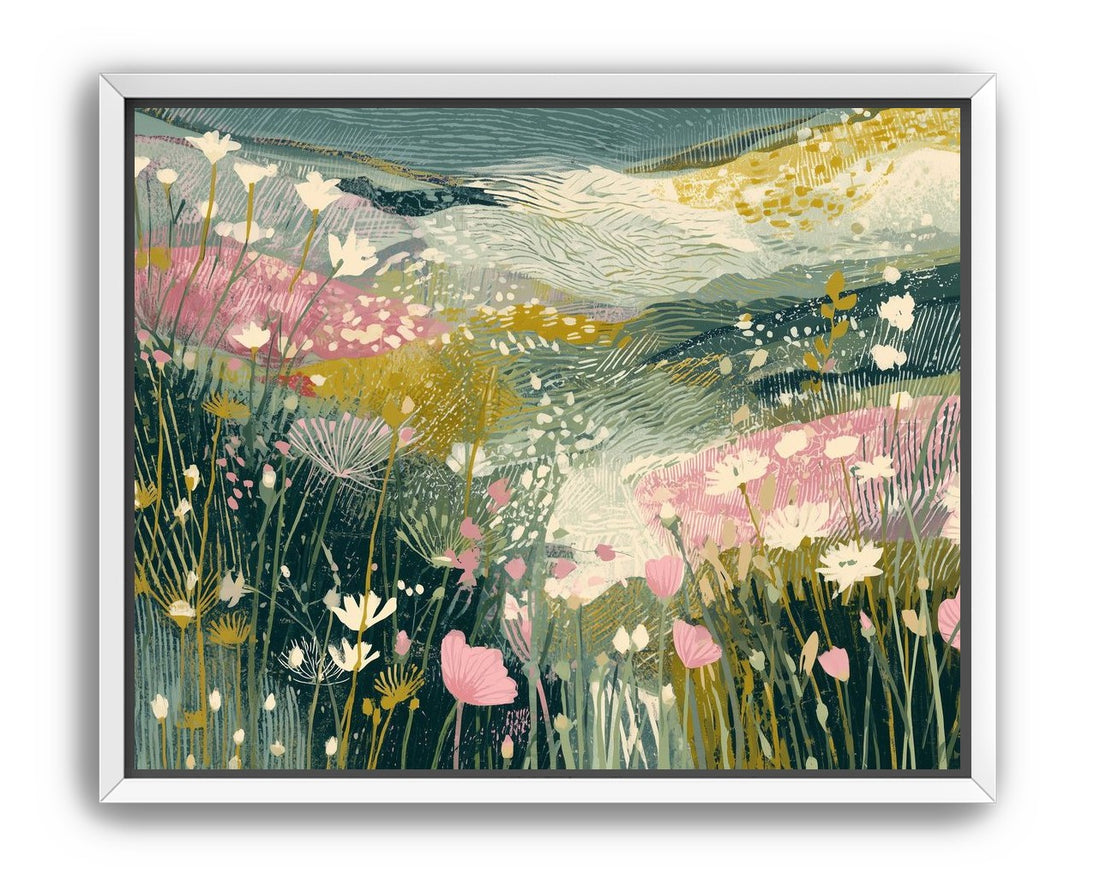 Teal sky over pink meadow