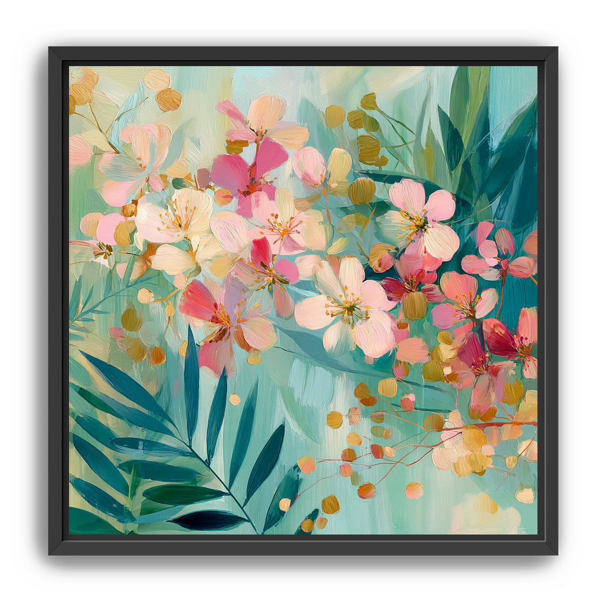 Blossoms over teal leaves