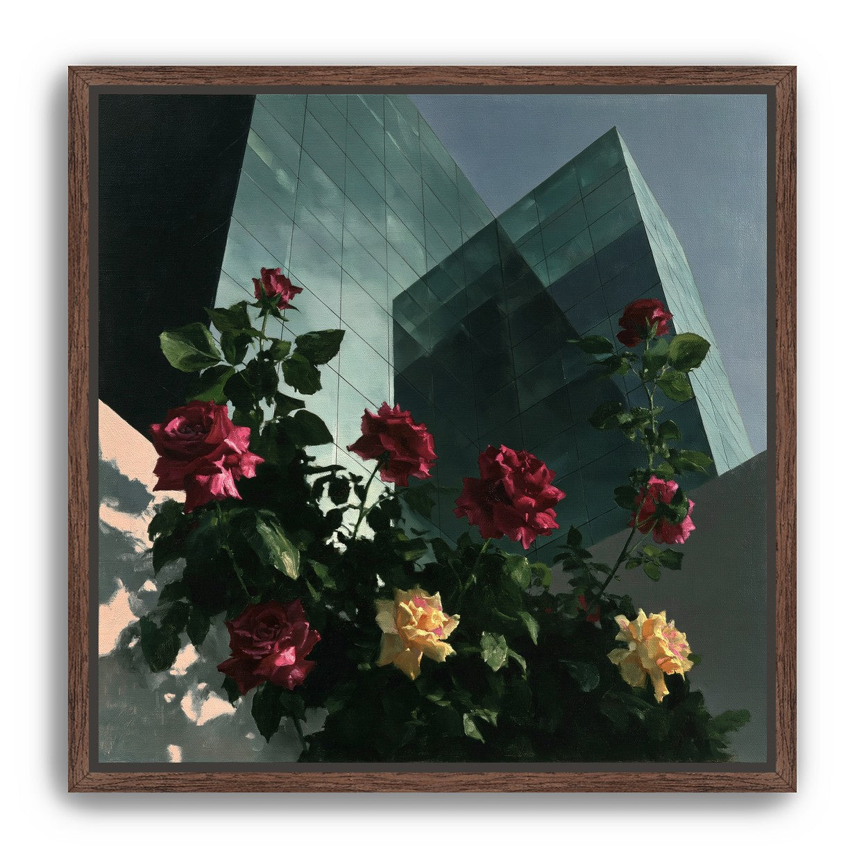 Roses against glass towers