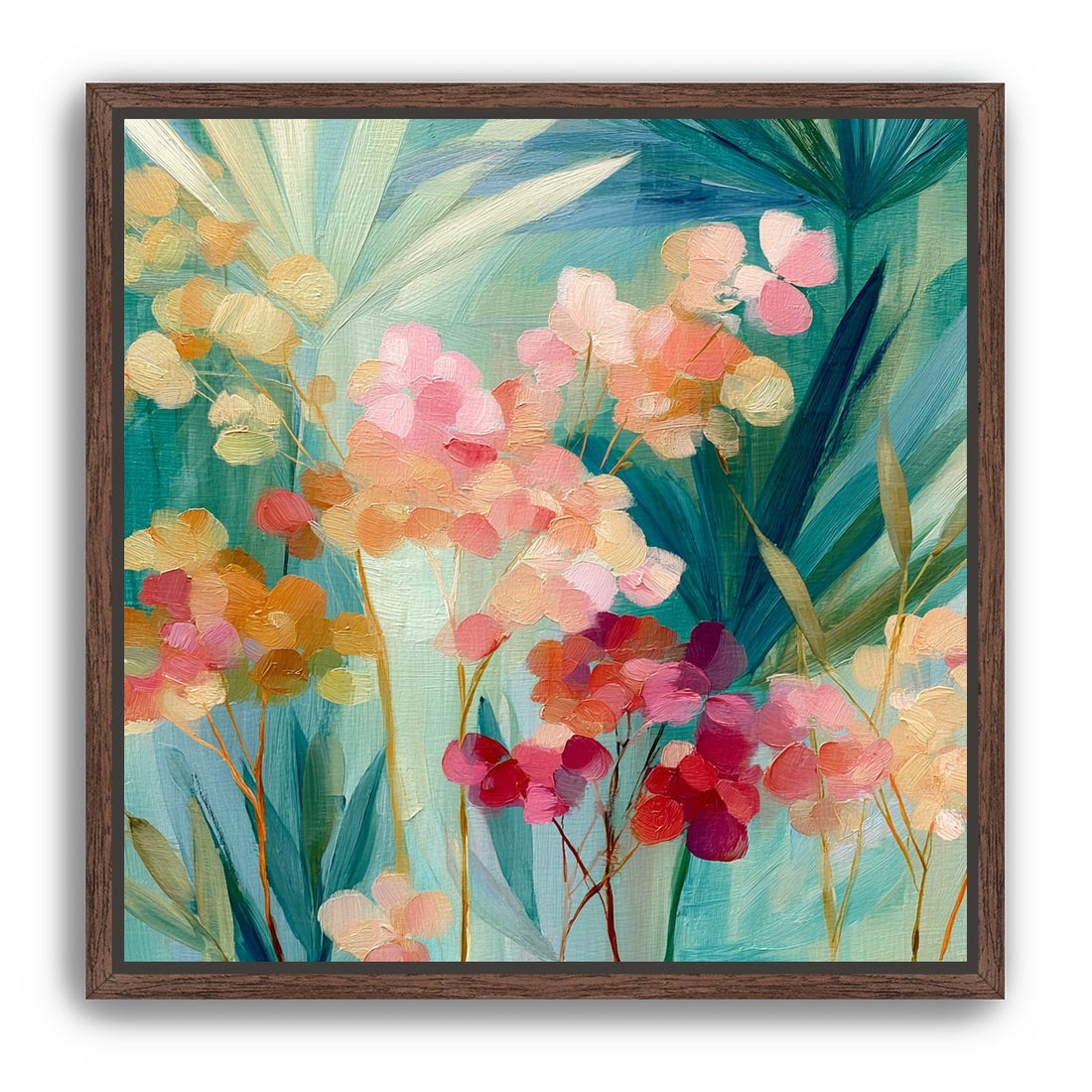 Flowers among teal leaves