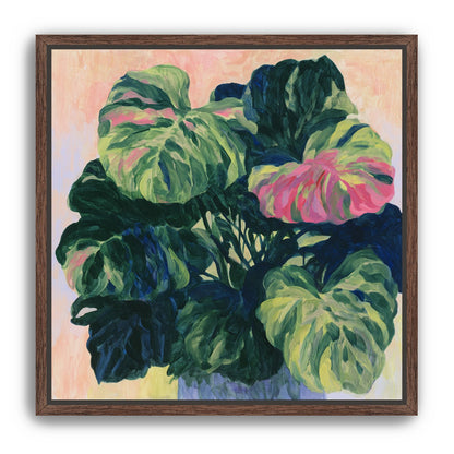 Pink light on green leaves