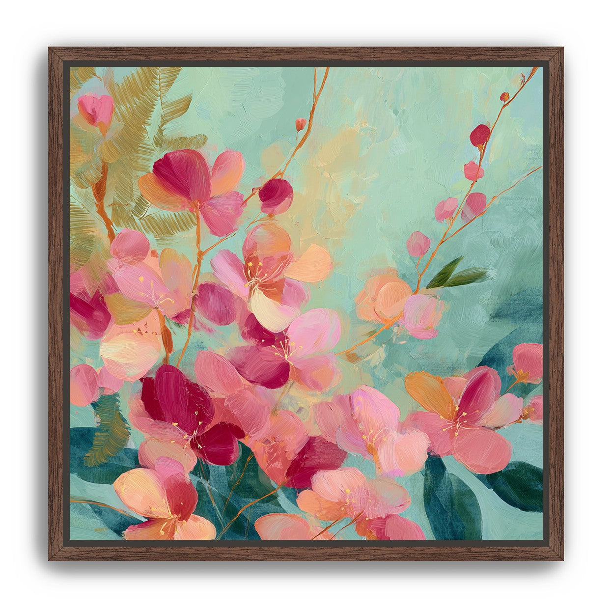 Pink blossoms drifting through teal