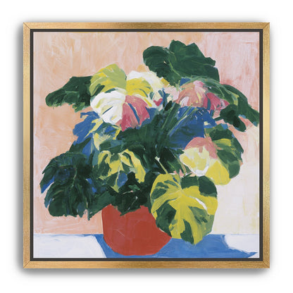 Red pot under heavy leaves