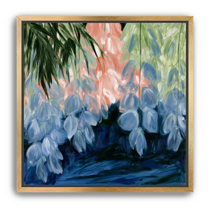 Blue flowers under green leaves