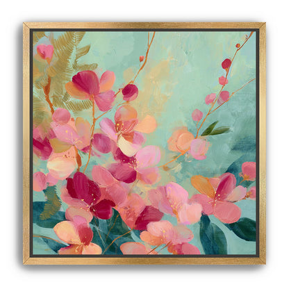 Pink blossoms drifting through teal