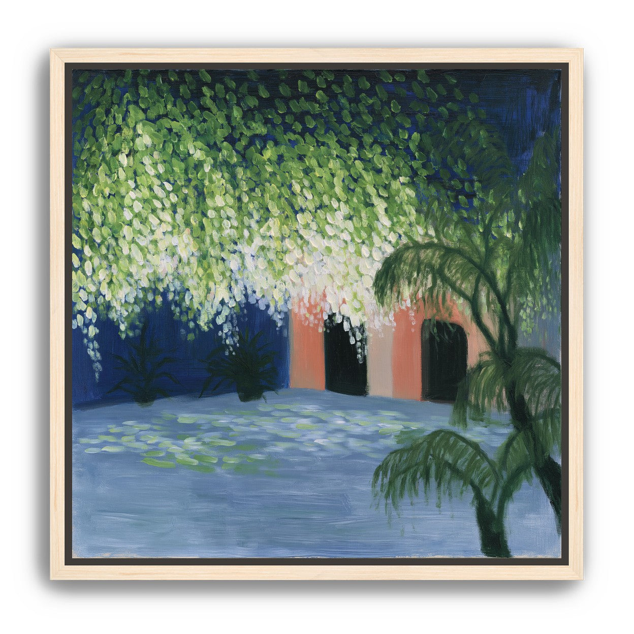 Doorway under falling blossoms