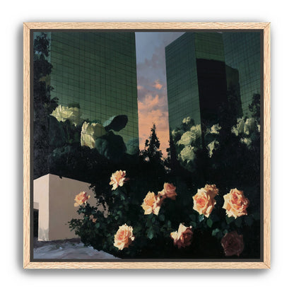 Roses under green towers