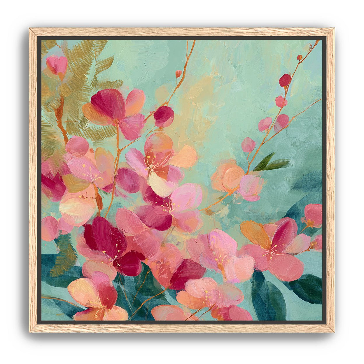 Pink blossoms drifting through teal