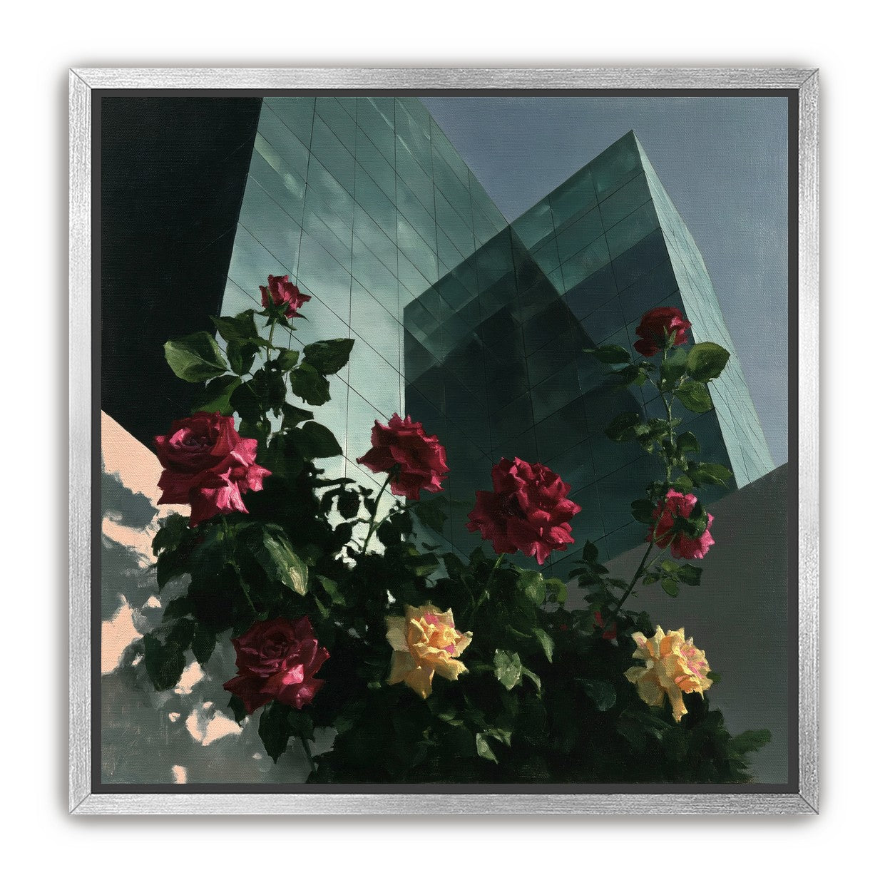 Roses against glass towers