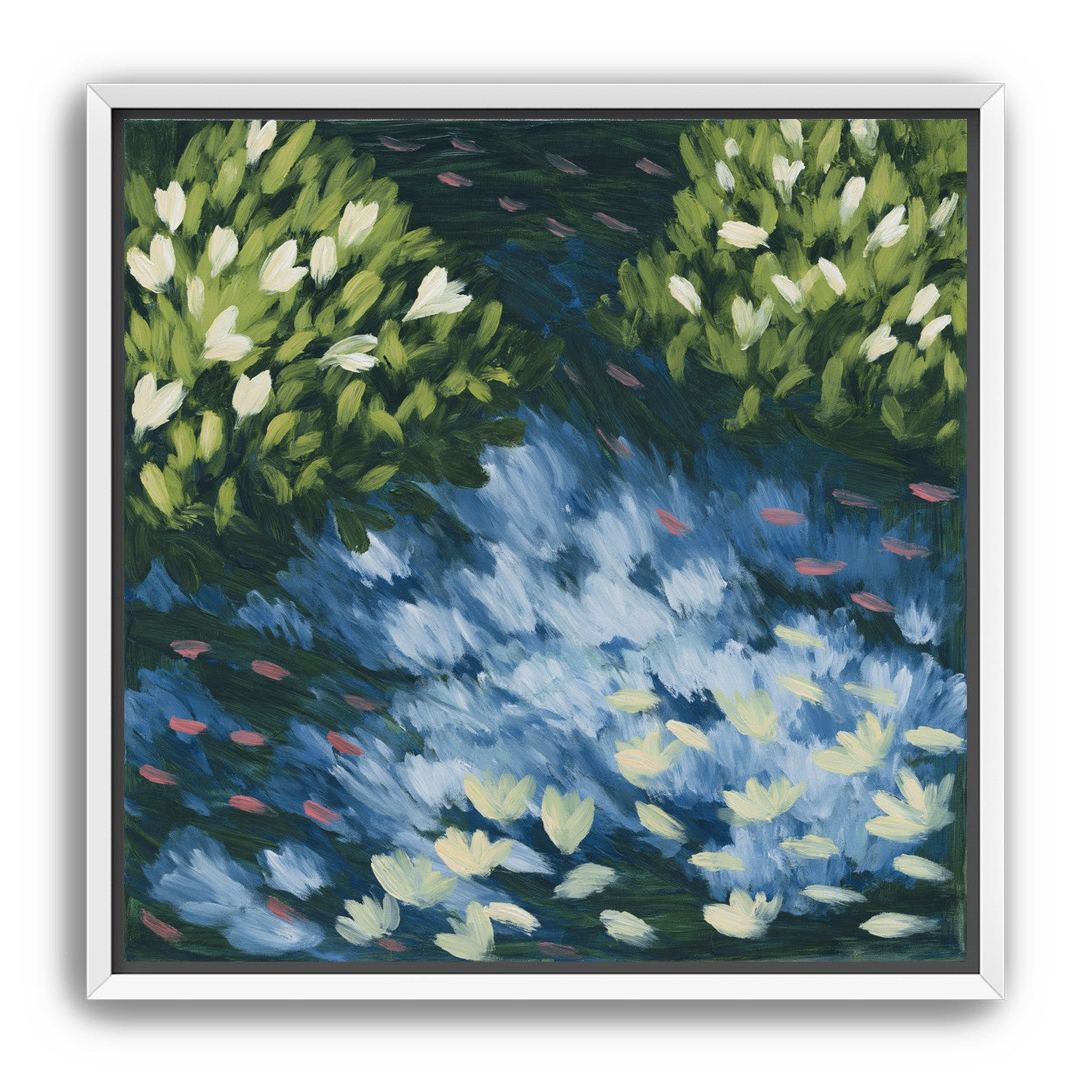 Water lilies over passing fish