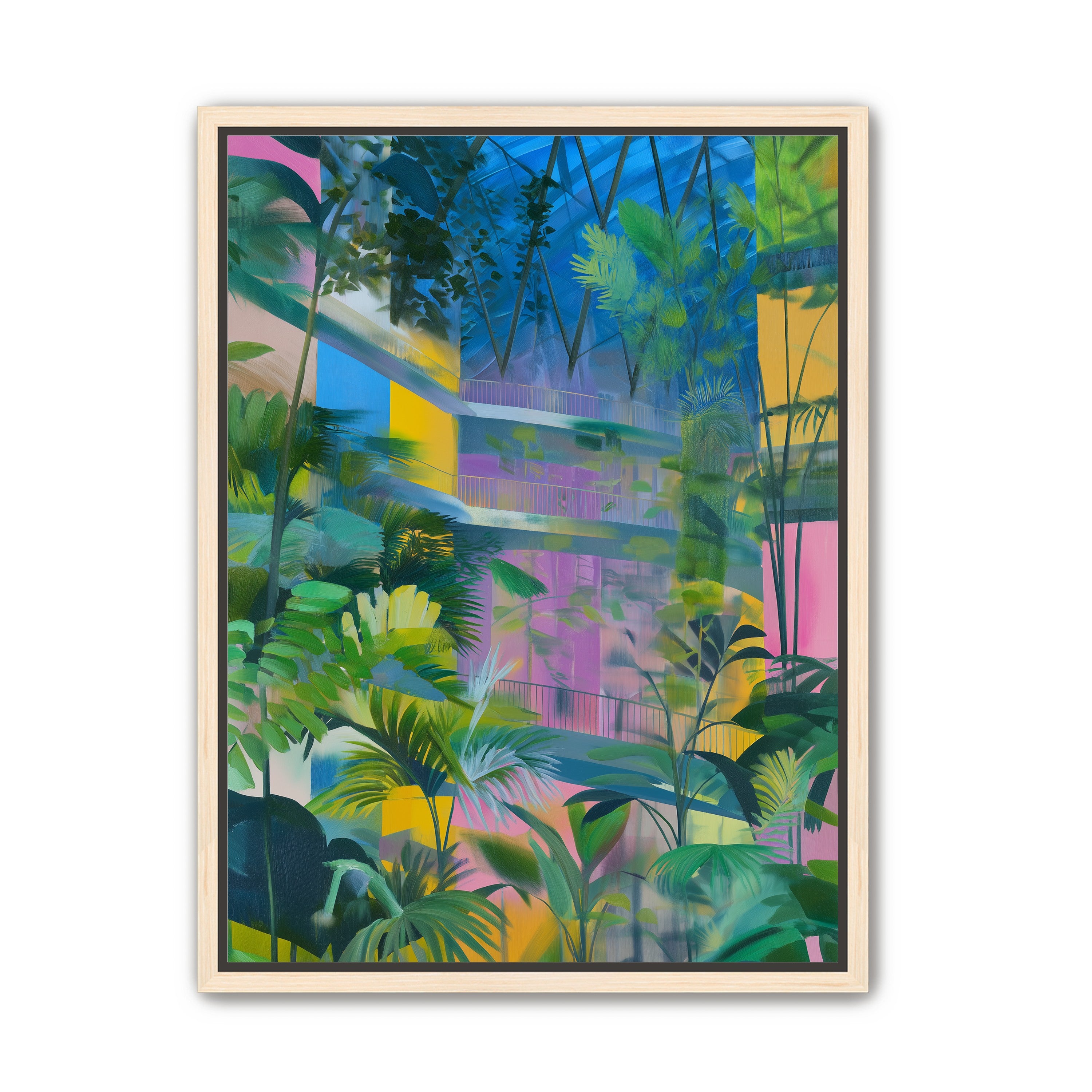 Blue roof over pink atrium