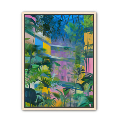 Blue roof over pink atrium