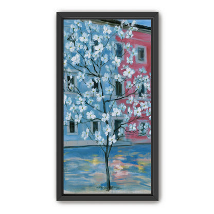 White blossoms across blue and pink