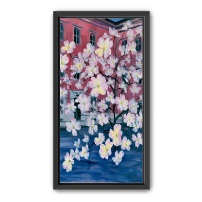 Blossoms across red windows