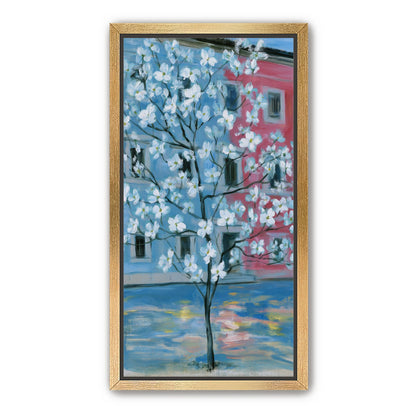 White blossoms across blue and pink