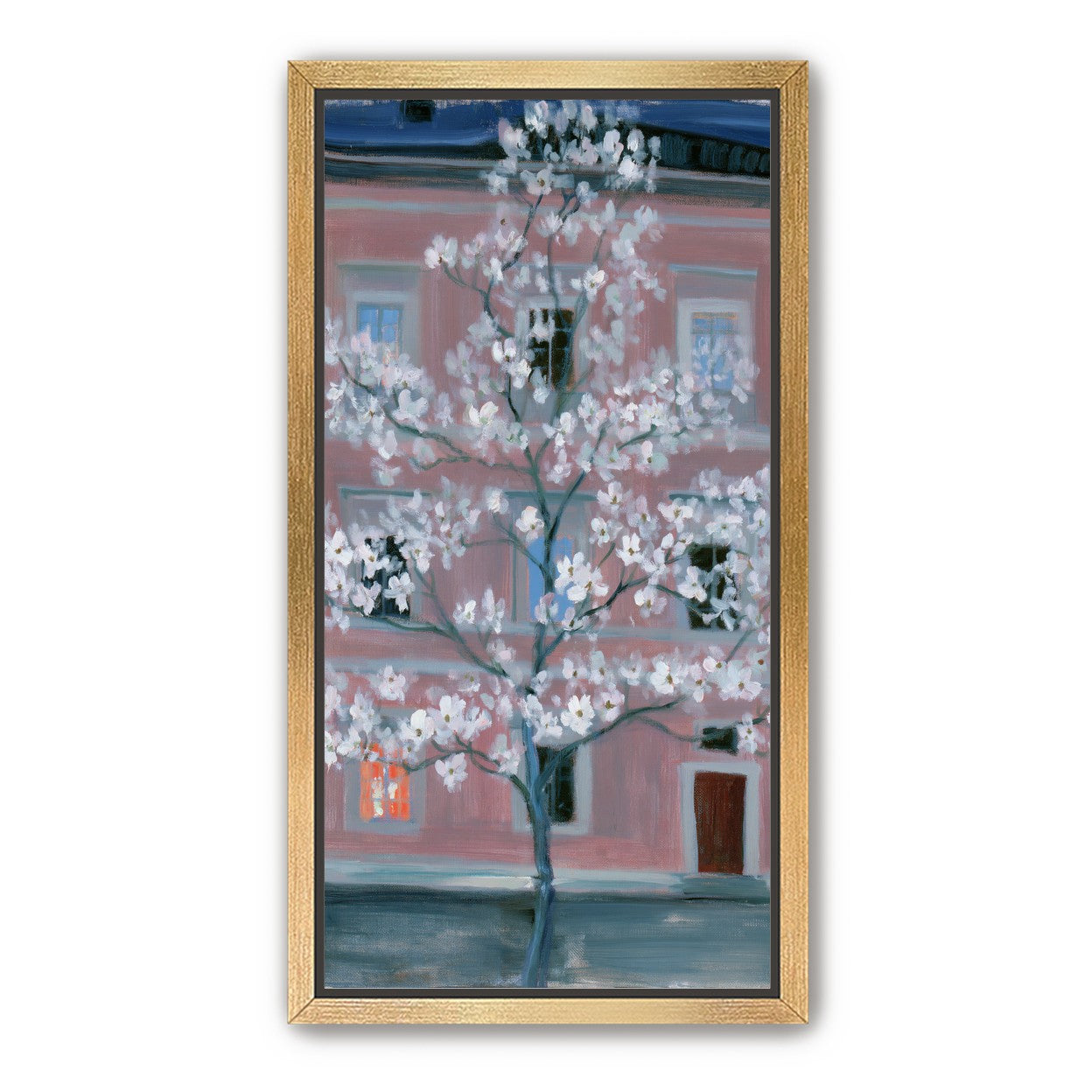 White blossoms against the pink house
