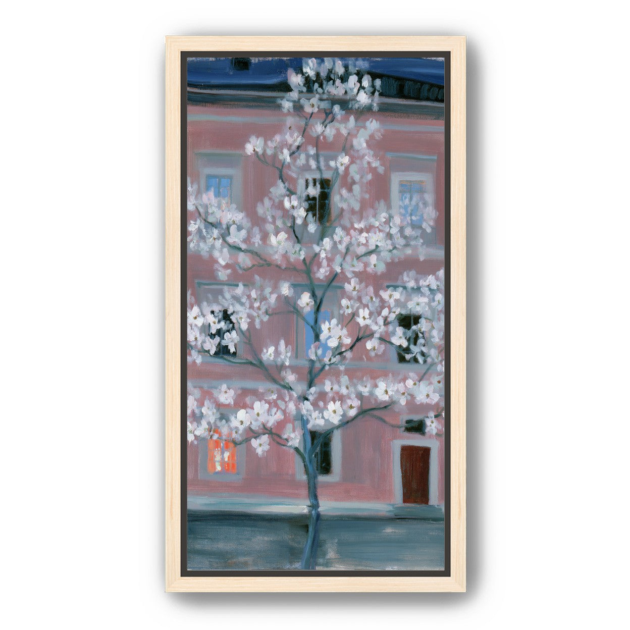White blossoms against the pink house