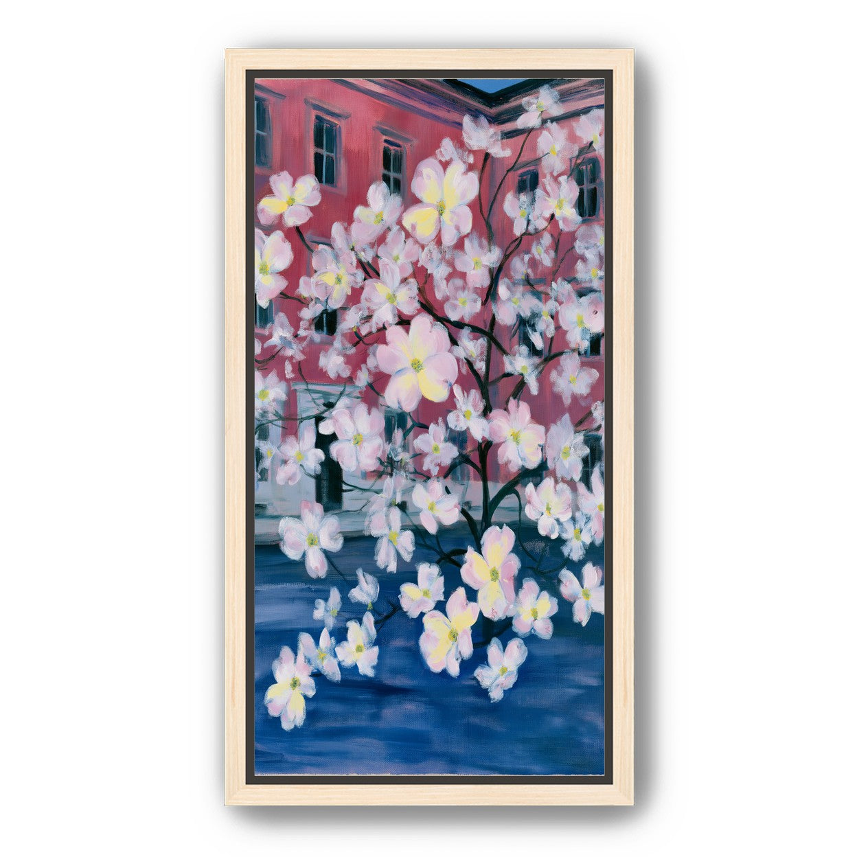Blossoms across red windows
