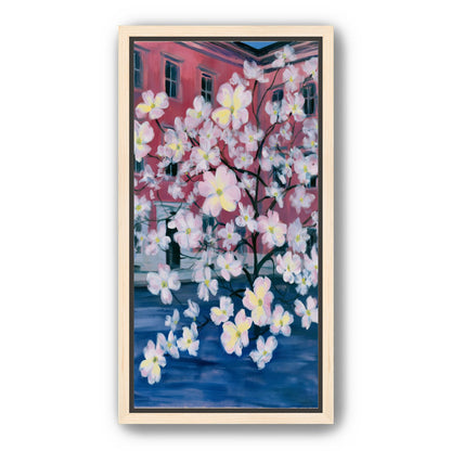 Blossoms across red windows