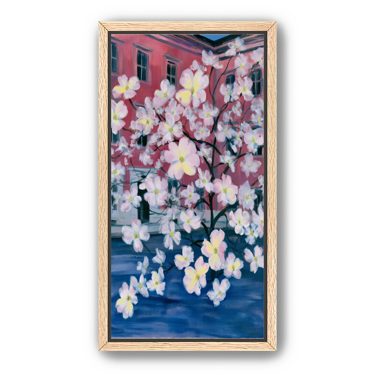 Blossoms across red windows