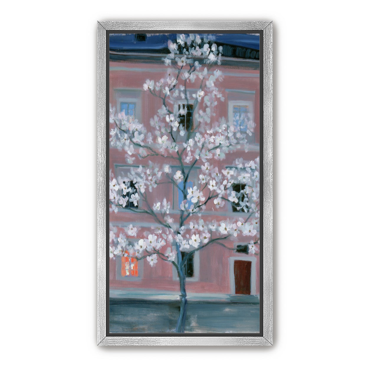 White blossoms against the pink house