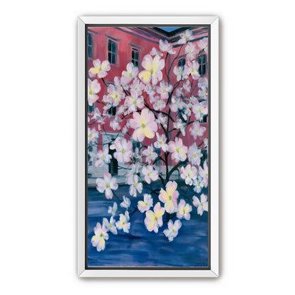 Blossoms across red windows