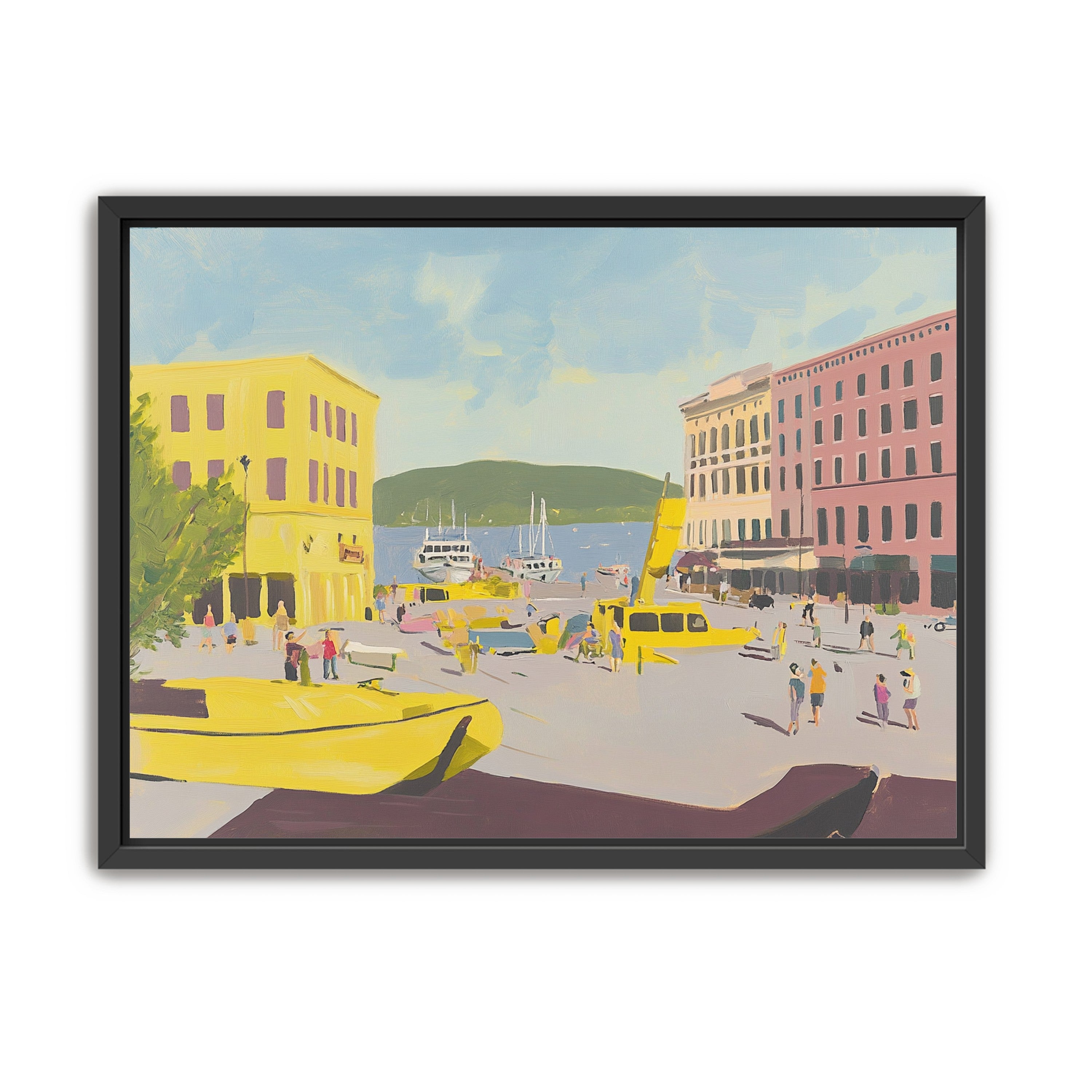 Yellow boats among pastel buildings