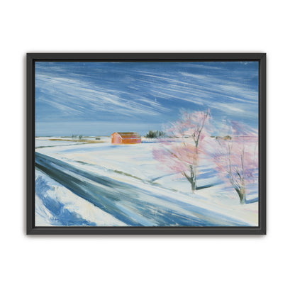 Orange barn beyond the road