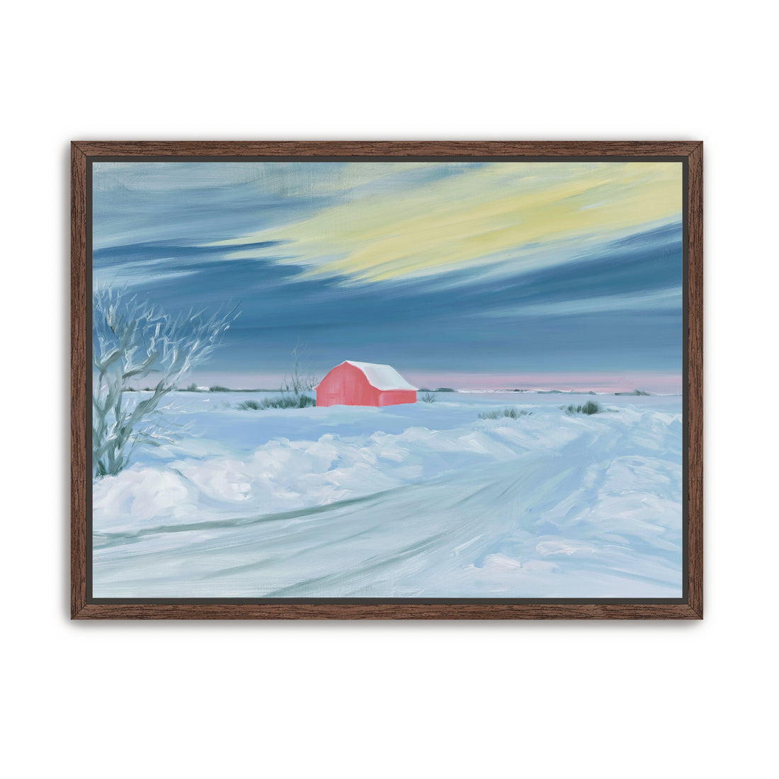 Red barn beneath winter sky