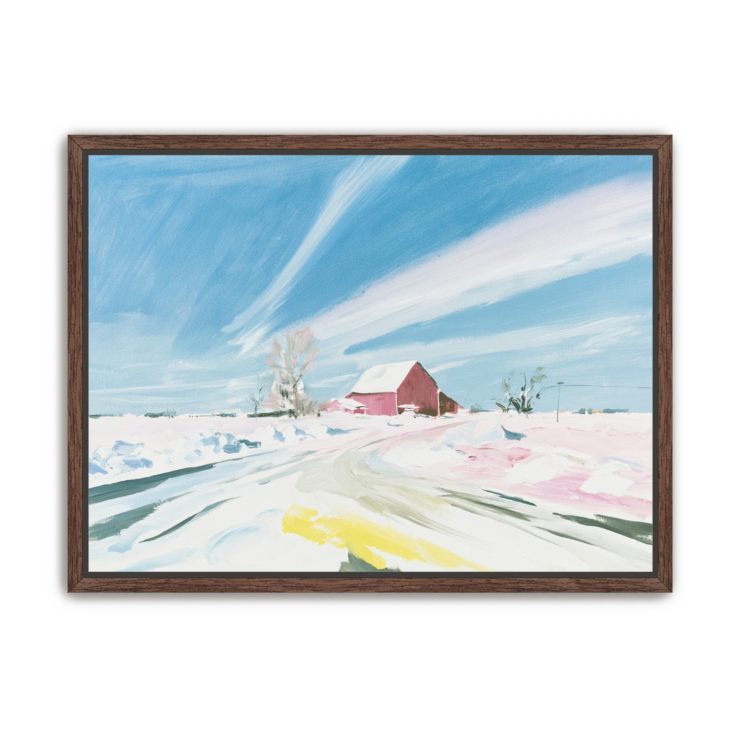White sky over red barn