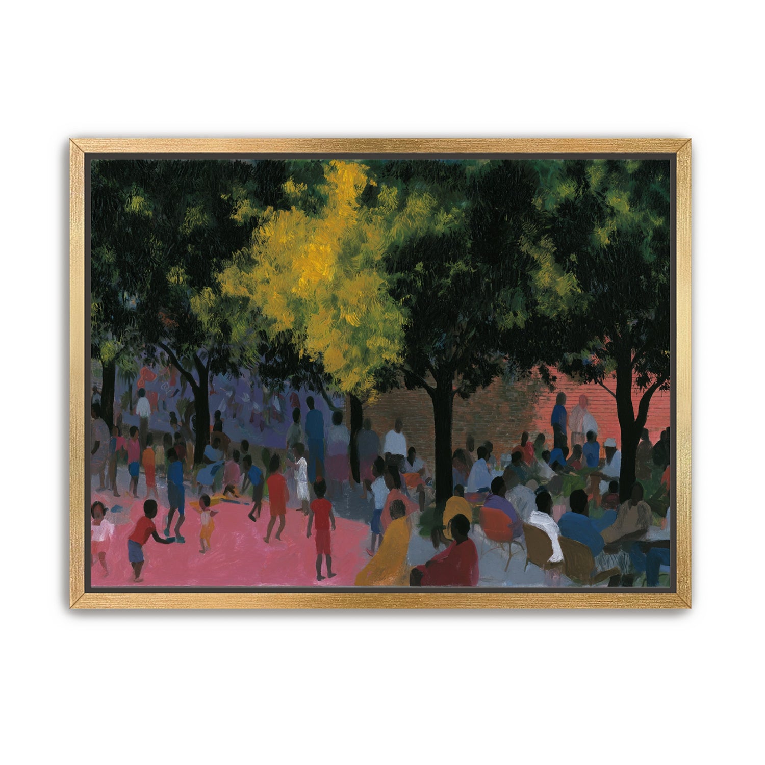 Children playing under trees