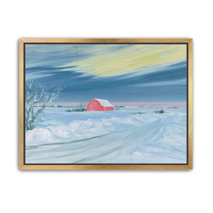 Red barn beneath winter sky