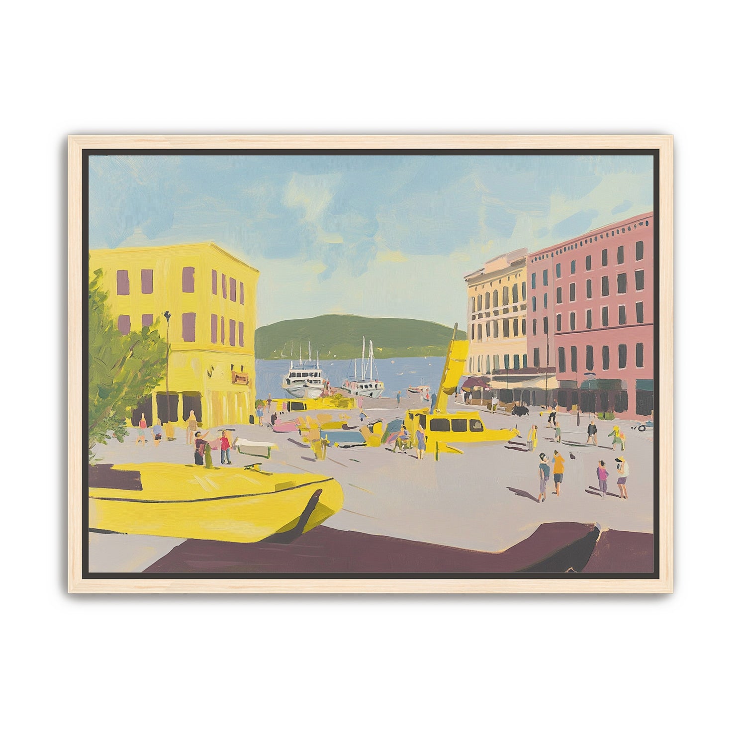 Yellow boats among pastel buildings