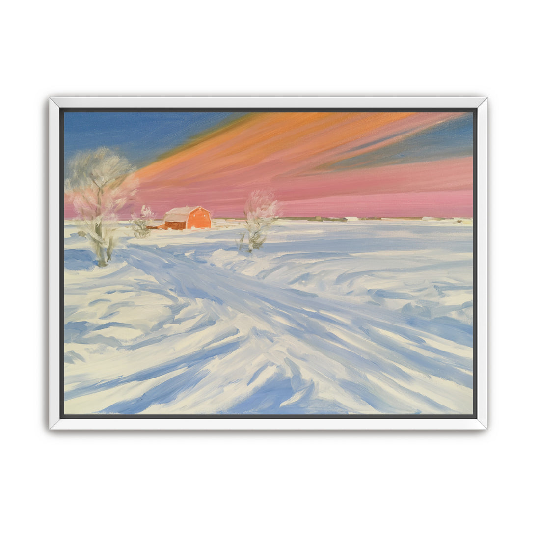 Pink sky over the red barn
