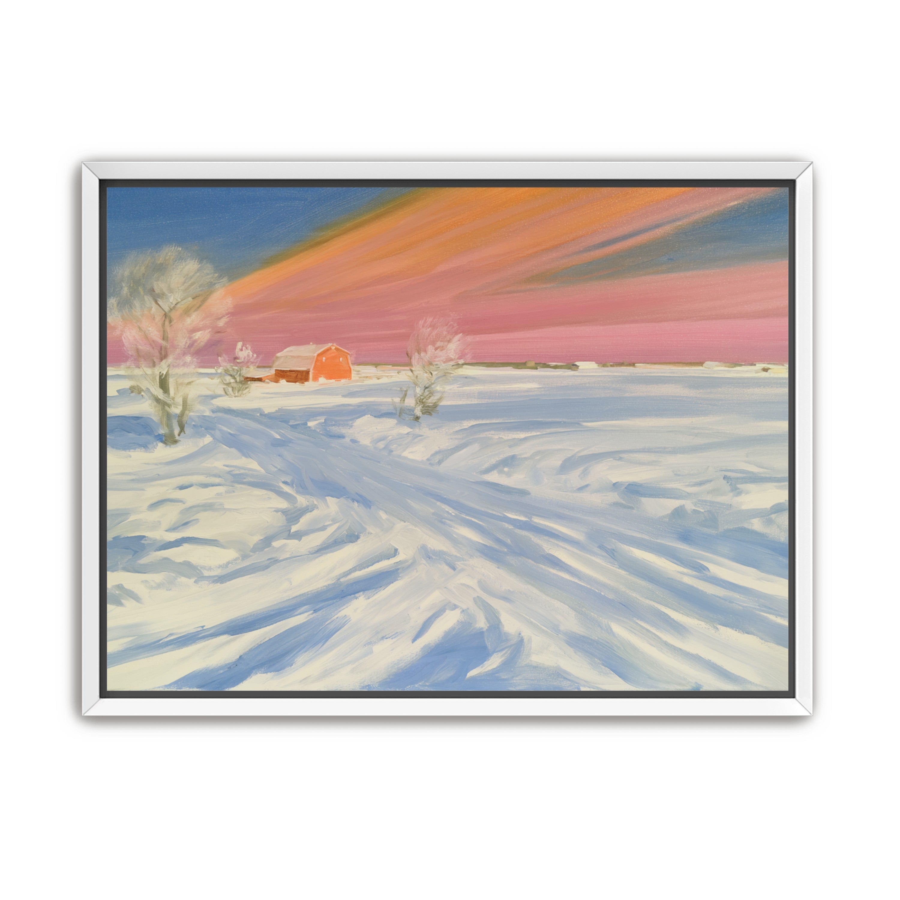 Pink sky over the red barn