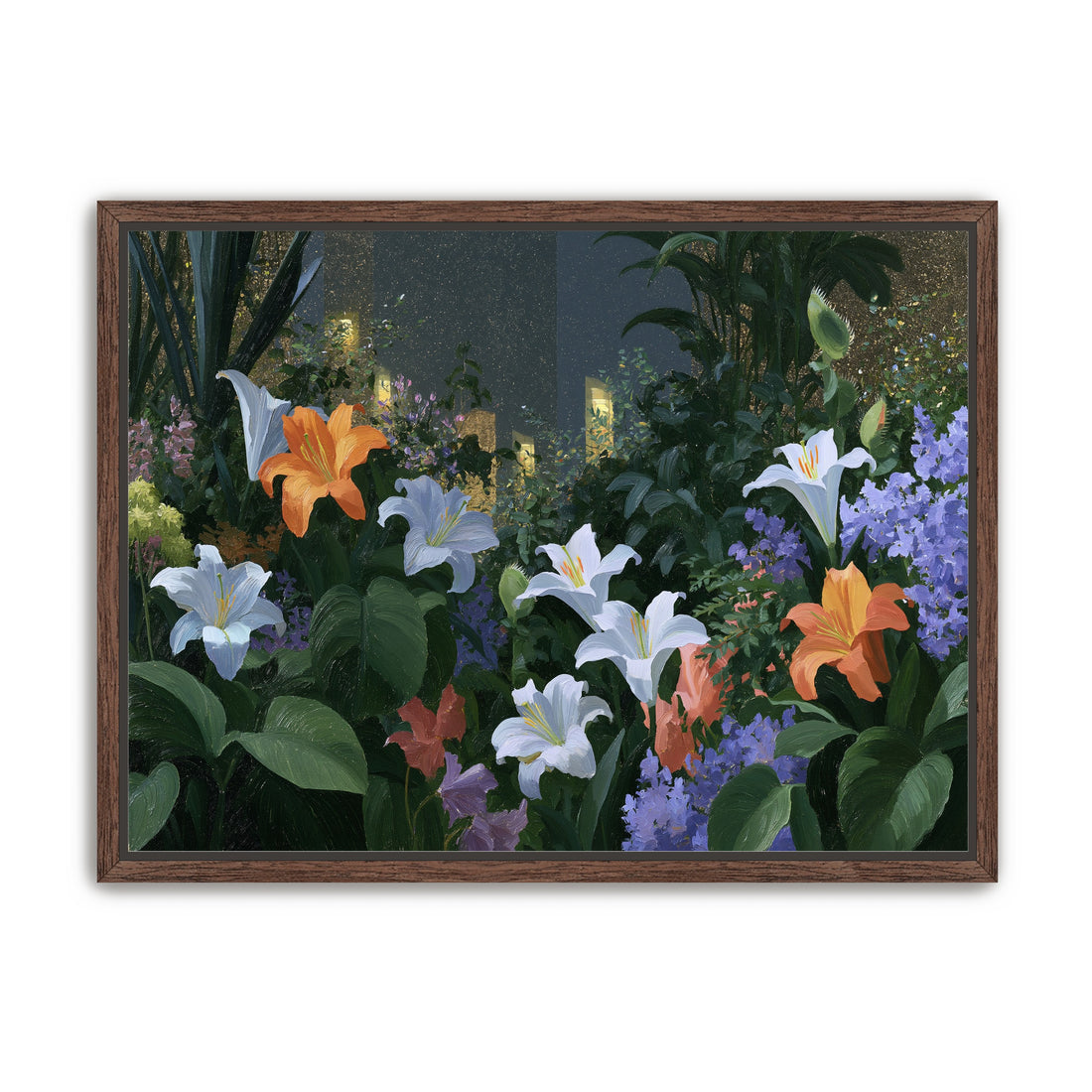 Lit windows beyond the lilies