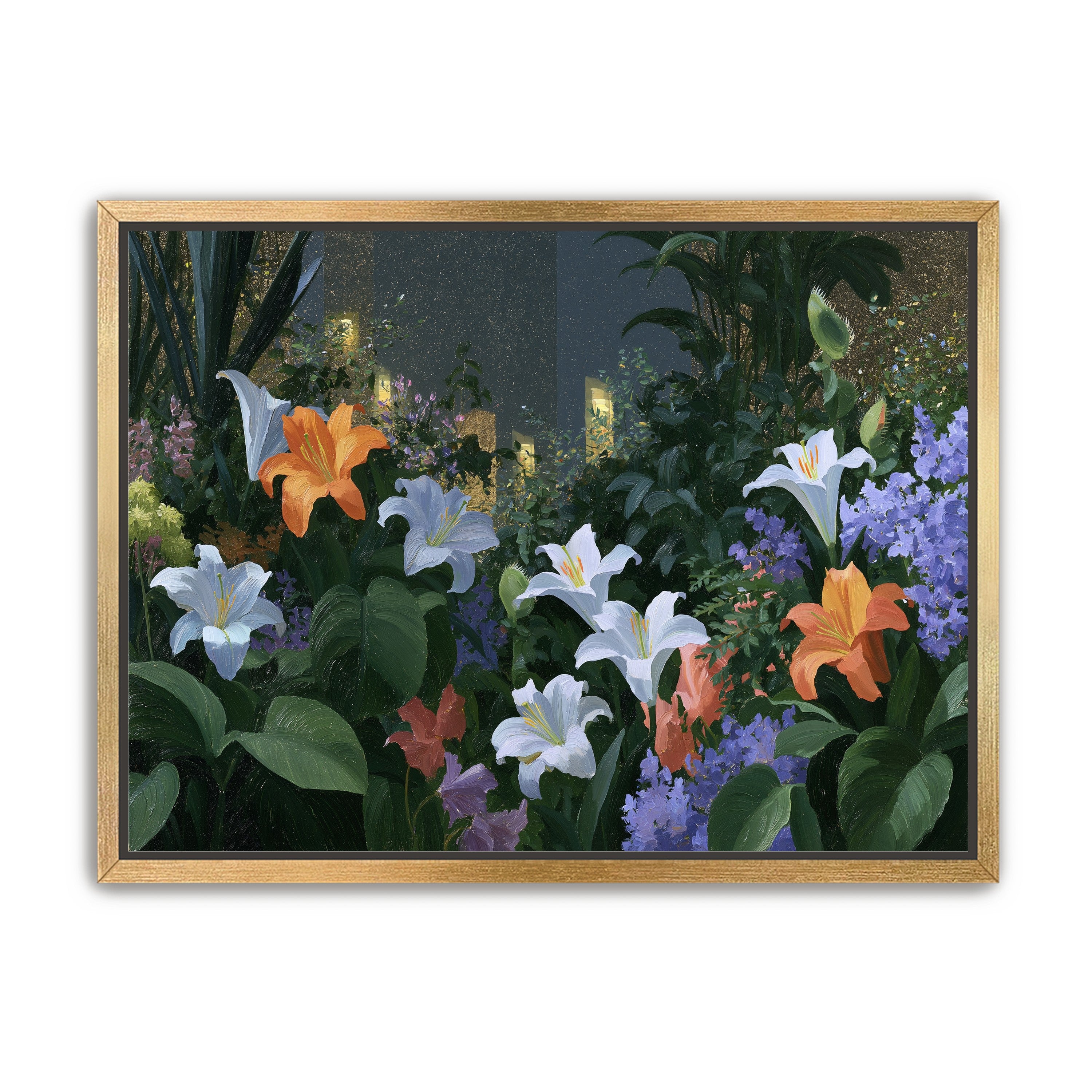 Lit windows beyond the lilies
