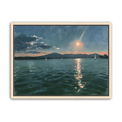 Peach sun on blue water