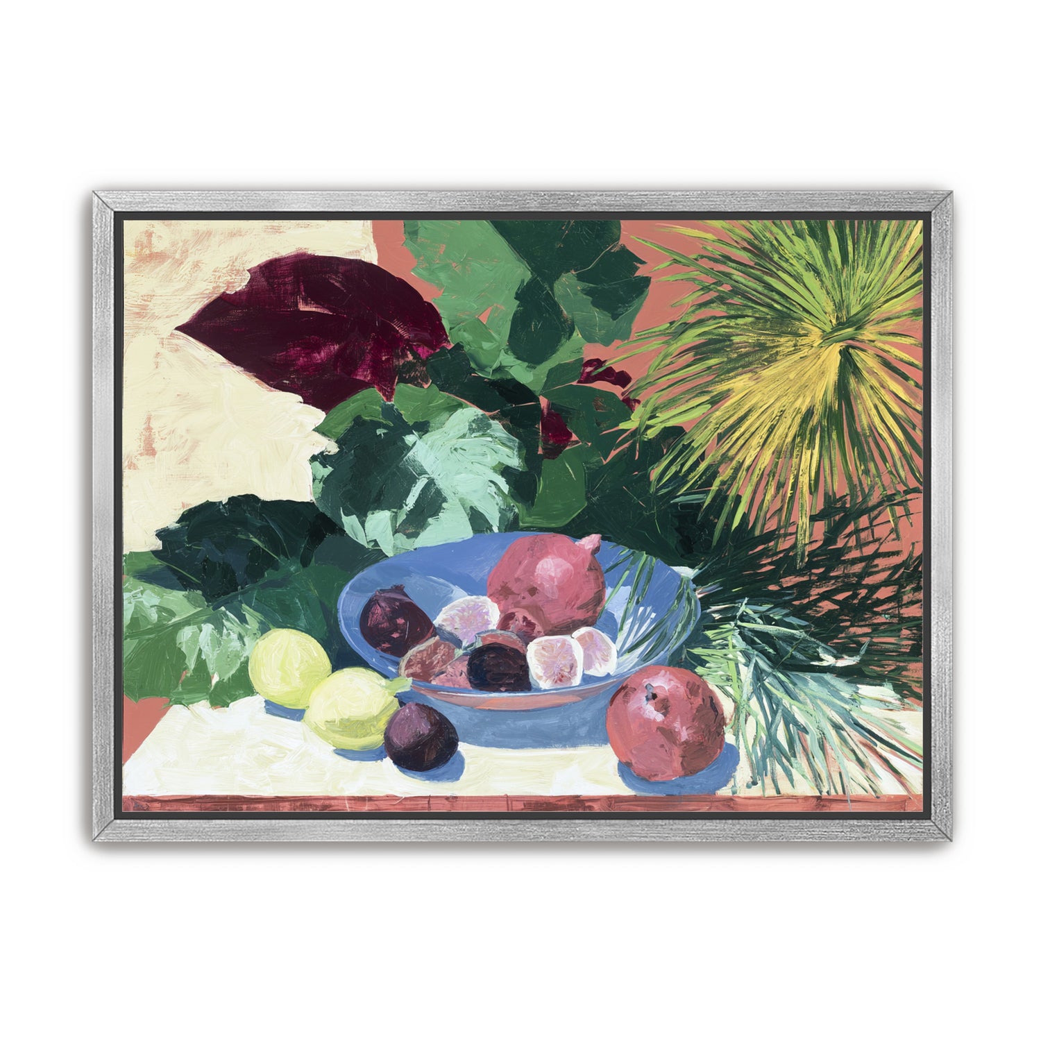 Blue bowl under palm frond
