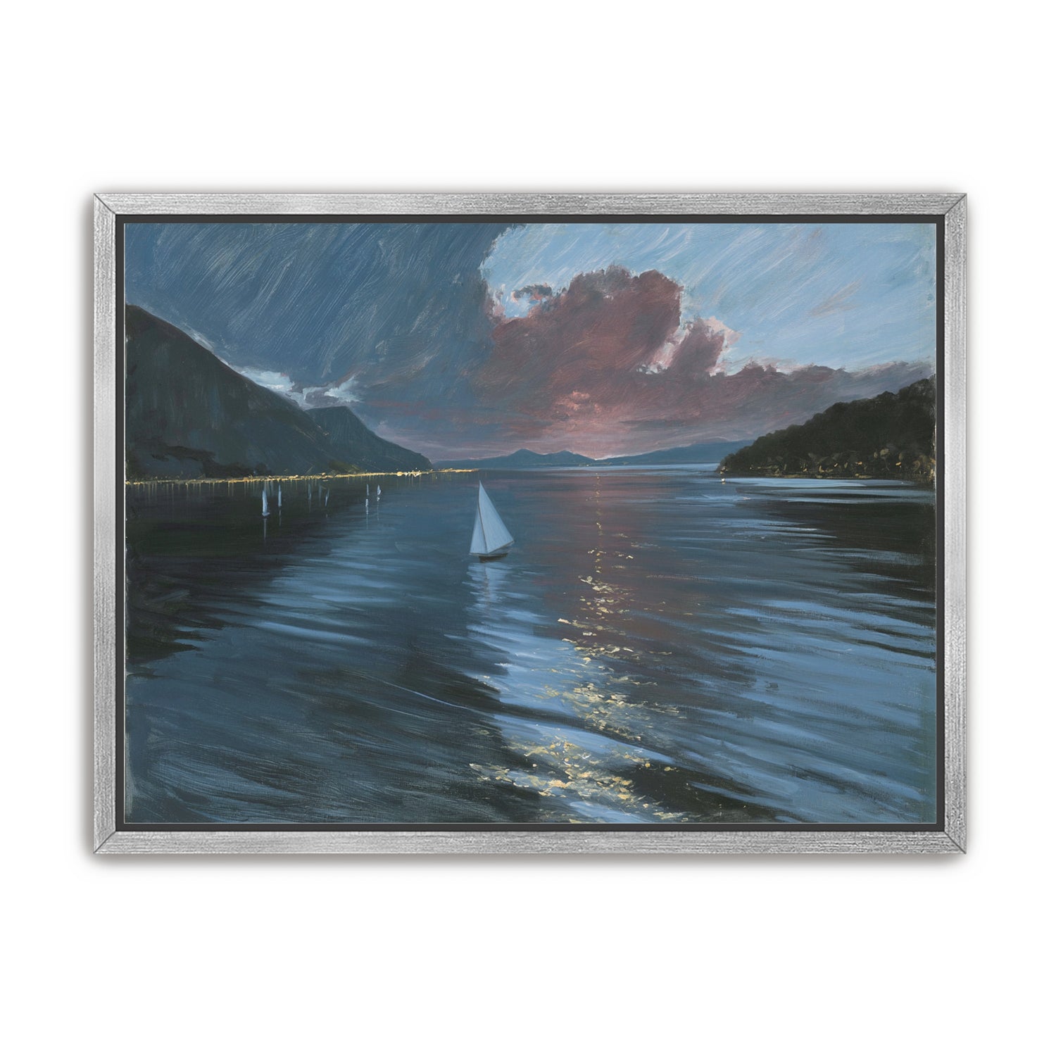 A sailboat beneath storm clouds